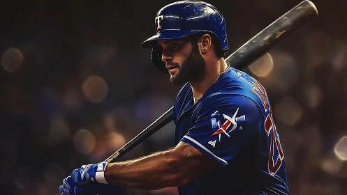 Baseball player in blue uniform preparing to swing bat.