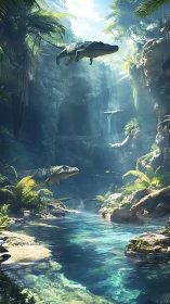 Prehistoric crocodiles move through a sunlit jungle canyon