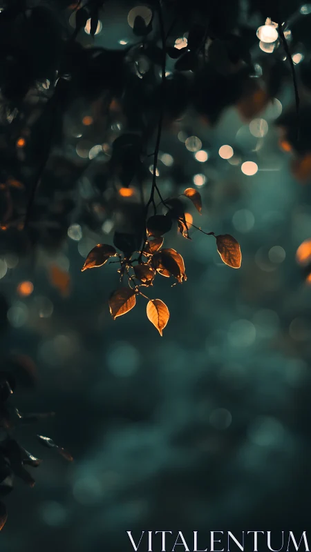 Amber leaves whisper in teal twilight bokeh glow forest.