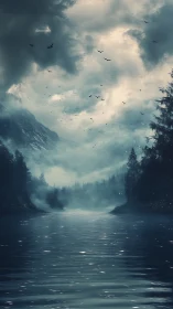 Mountain lake under dense clouds and distant bird flock.