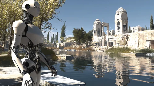 Solitary robot beside flooded ancient stone ruins by lake.