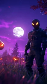 Luminous-eyed stealth operative in moonlit spectral pumpkin field.