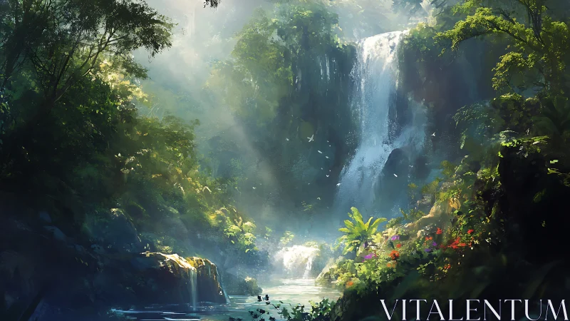Waterfall Canyon Sanctuary with Golden Light and Mist.