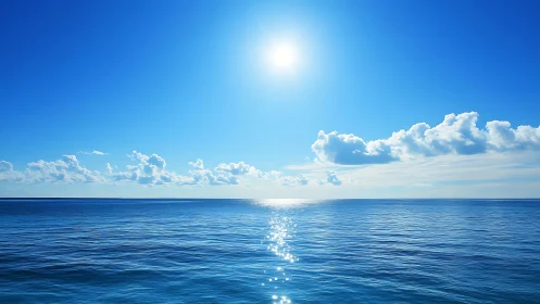 Sunlit open sea extends to horizon under clear blue sky