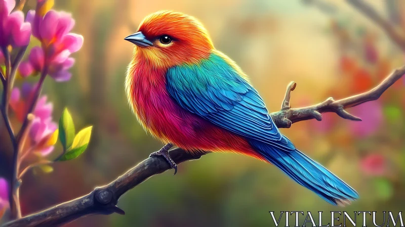Vibrant Colorful Bird on Branch in Soft Artistic Illustration.