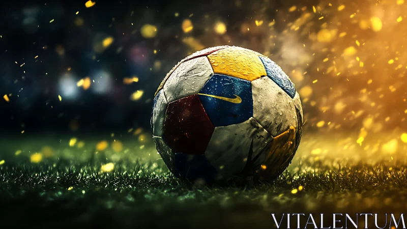 Luminous wet soccer ball on turf under dramatic stadium glow.