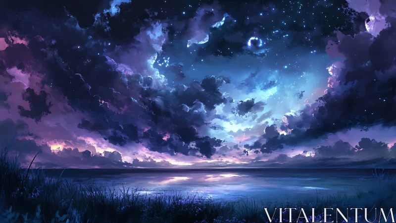 Celestial night seascape under luminous storm clouds.