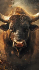 Defiant bull emerging through embers and swirling smoke.
