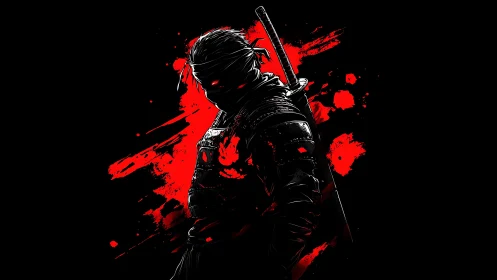 Midnight ninja framed in bold crimson splashes of motion.