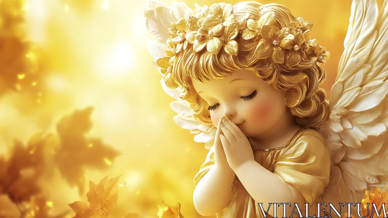 Golden cherub whispers quiet wishes into autumn light