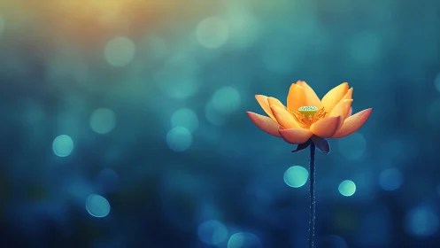 Isolated orange lotus rendered against deep bokeh cyan gradient