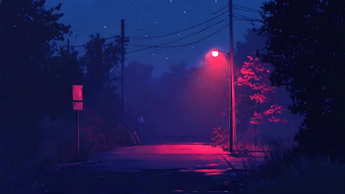 Neon streetlamp bathes a silent forest road in crimson glow.