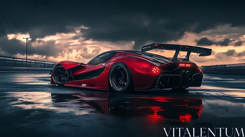 Red hypercar sits on wet racetrack under stormy evening sky
