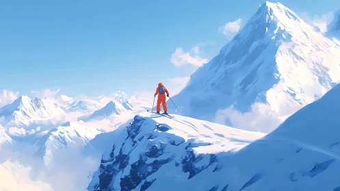 Solo skier stands on snowy ridge overlooking distant peaks
