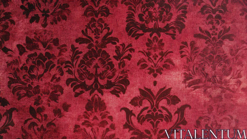 Red damask fabric with repeating ornamental floral pattern.