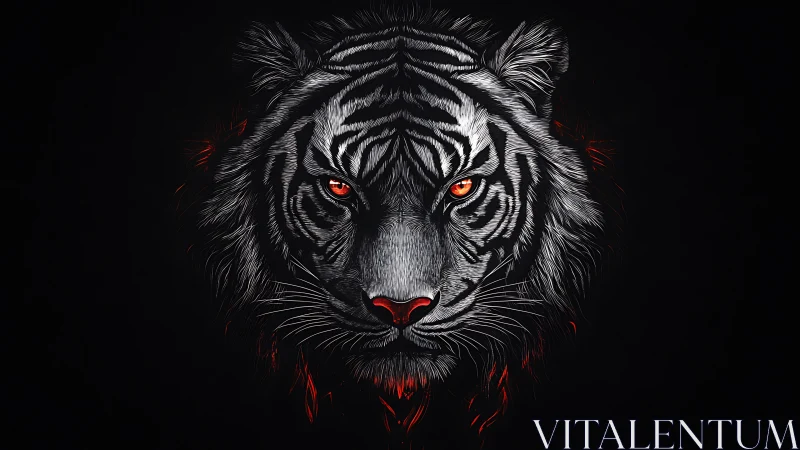 White tiger head illustration with glowing red eyes.