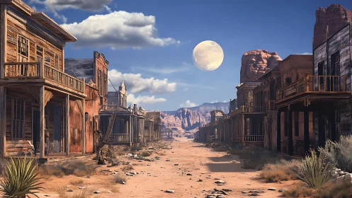 Deserted western town under full moon and desert cliffs.