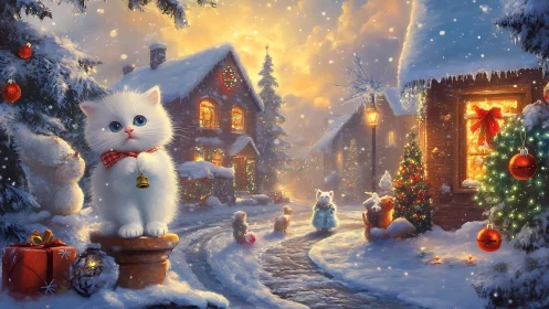 Snowlit kitten vignette in high-detail festive streetscape.