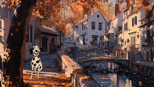 Cel-shaded dalmatian contrasts painterly autumn canal village scene