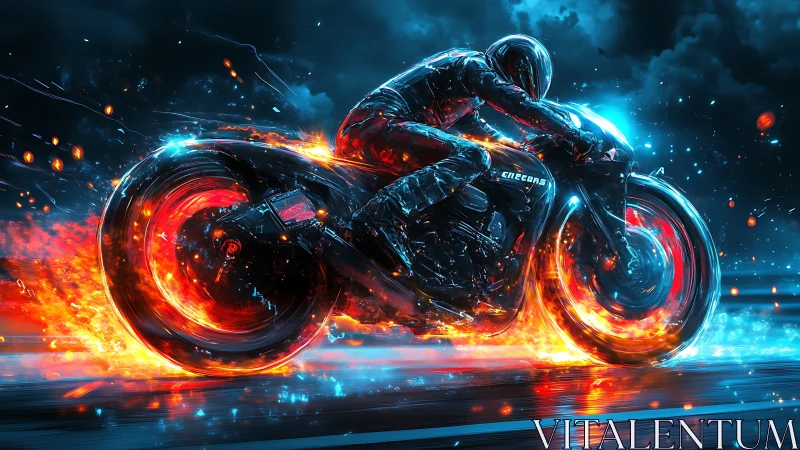 Motorcyclist rides high-speed neon bike through fire and rain