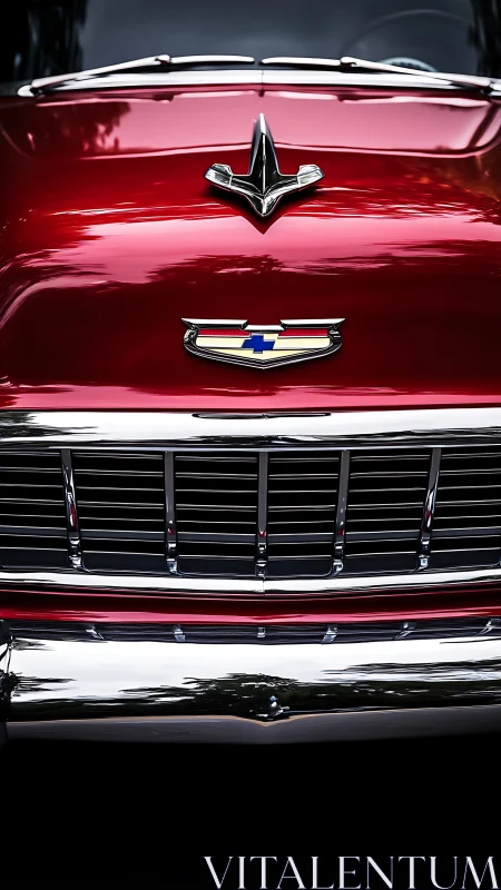 Classic red Chevrolet grille gleams with polished chrome detail