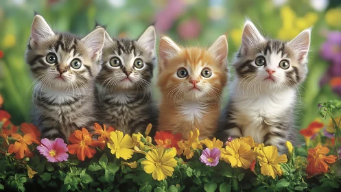 Four Adorable Kittens Among Colorful Garden Flowers.