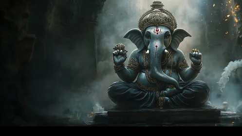 Divine Ganesha statue meditates in misty temple glow