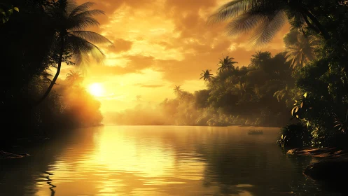 Volumetric sunset light scatters across tropical river canopy