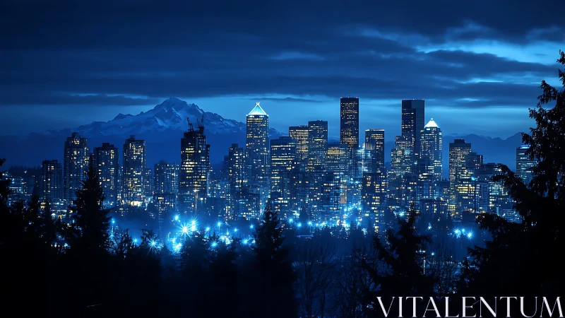 Nocturnal blue metropolis with alpine backdrop and luminous grid.