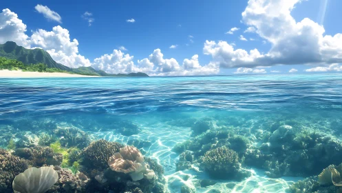 Tropical shoreline with clear water over coral reef seascape.