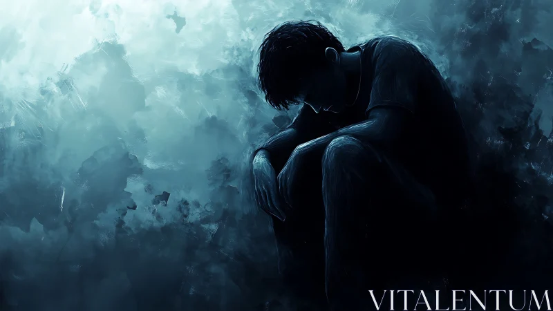 Solitary figure in blue tonal abstraction, inward gaze.