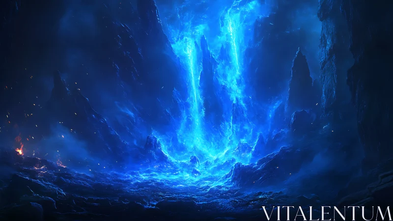 Luminescent blue energy cascade floods obsidian chasm