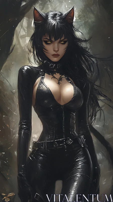 Fierce catwoman stalks through misty forest in black armor.