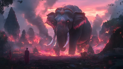 Giant adorned elephant advances through burning temple valley