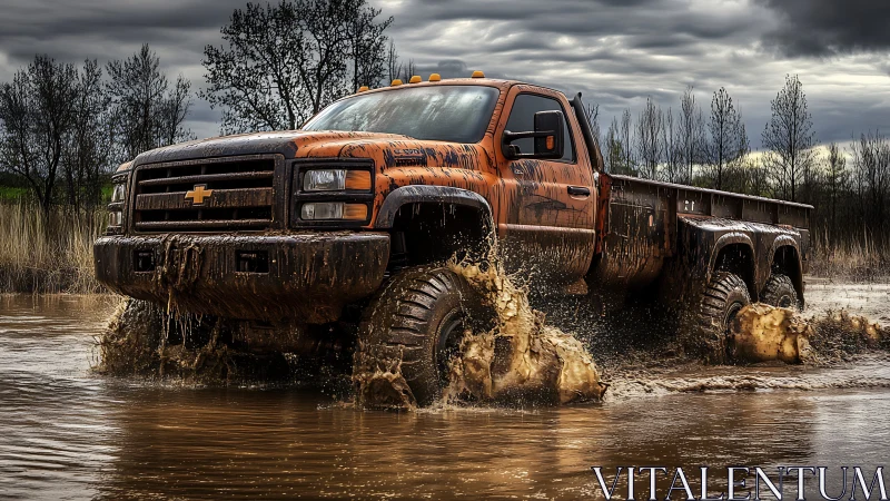 Heavy-duty off-road truck powers through stormy muddy water