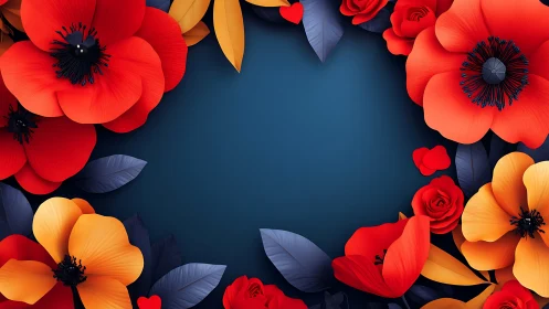 Red and orange flowers arranged on dark blue background with decorative leaves.