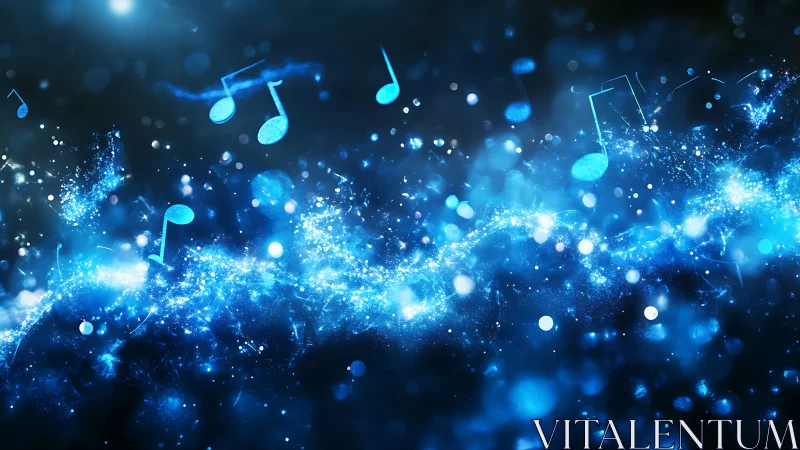Glowing blue music notes drift through a cosmic soundscape