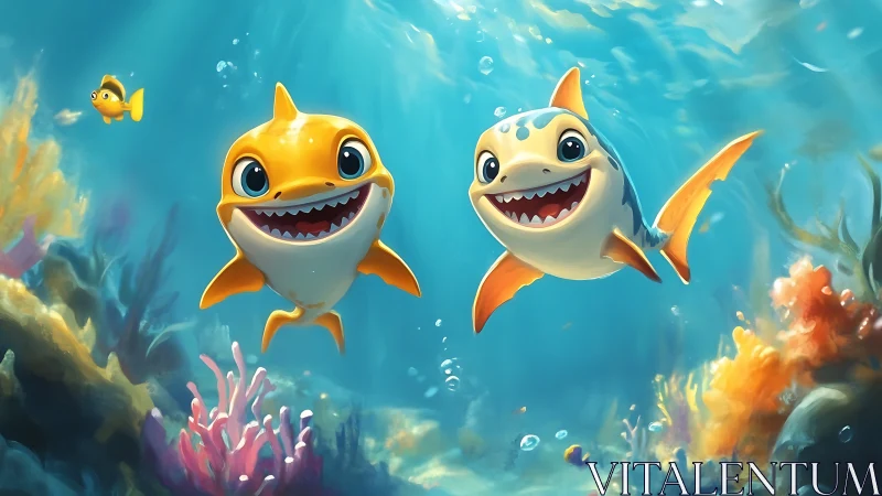 Stylized baby sharks in vibrant shallow coral reef environment.