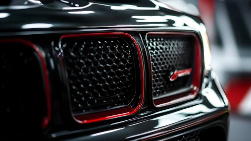 Glossy black sports car grille glows with bold red accents