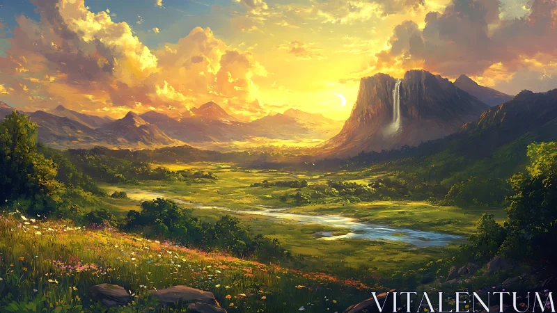 Sunlit valley landscape shows distant mountains and waterfall
