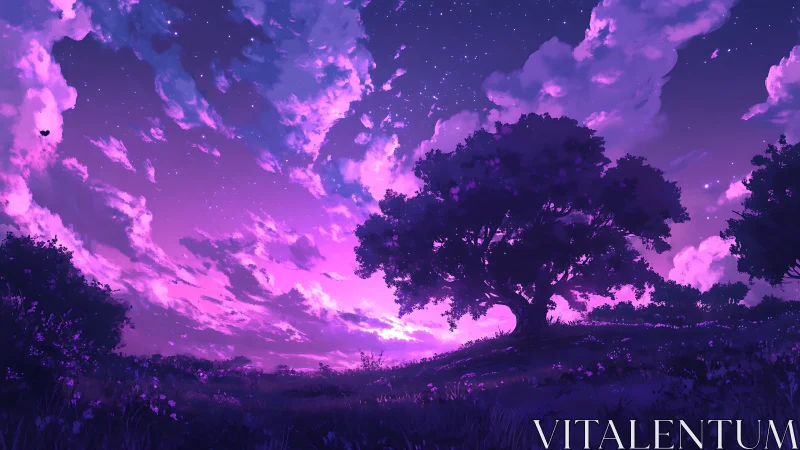 Violet twilight landscape with silhouetted lone tree.
