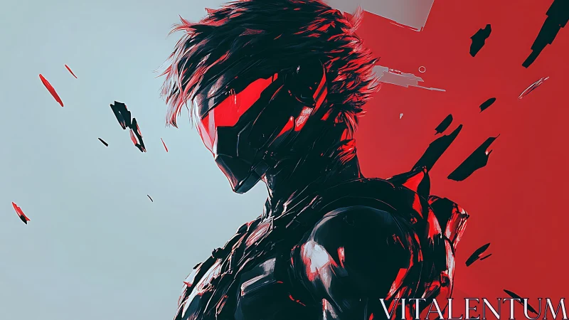 Bold cybernetic warrior poised between chaos and calm.