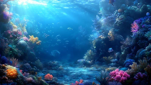 Sunlit coral cathedrals cradle drifting shoals in aqua hush