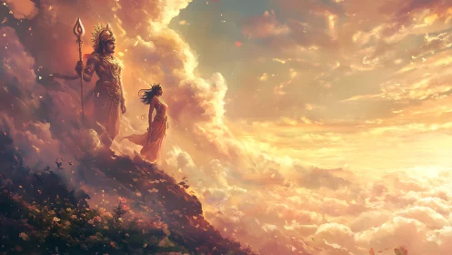 Mythic deities on cloudlit cliff in golden atmospheric light