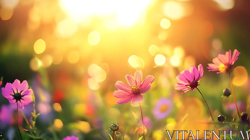 Cosmos flowers with bokeh light effects and blurred background.