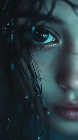 Rain-drenched gaze glows in electric blue midnight hush.