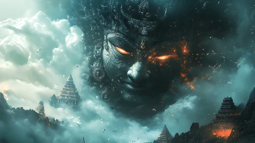 Ancient fiery deity emerges over storm-wreathed temples