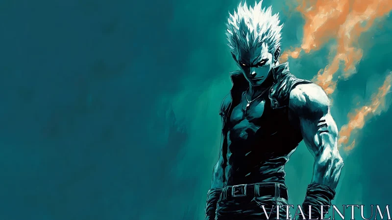 White‑haired warrior ignited by teal shadows and flame.