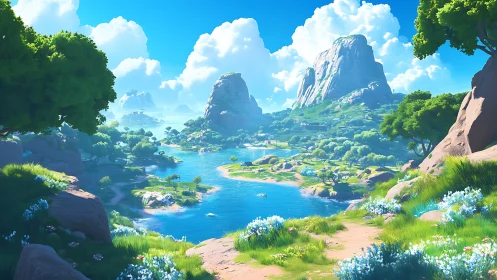 Rendered alpine valley with luminous water and layered mountain formations.