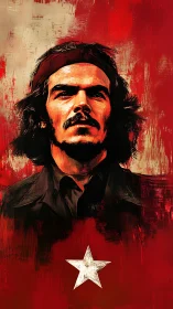 Expressive red portrait of defiant long-haired figure with star